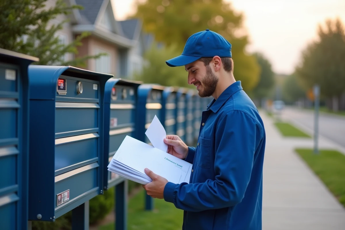 Jeune facteur vérifiant le courrier devant boîte aux lettres
