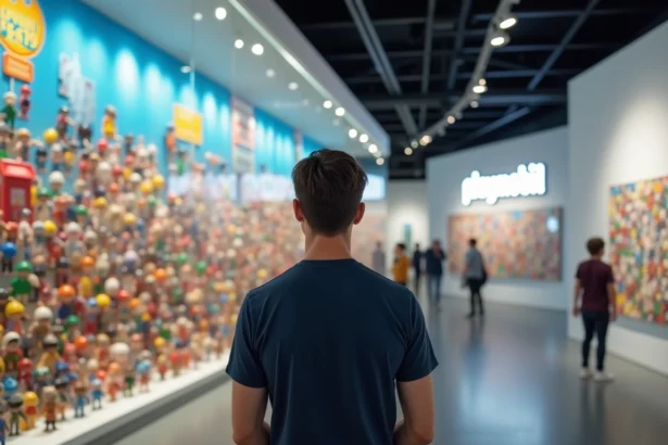 Fan de jouets adulte admirant une collection de figurines Playmobil exposées dans une salle d'exposition moderne