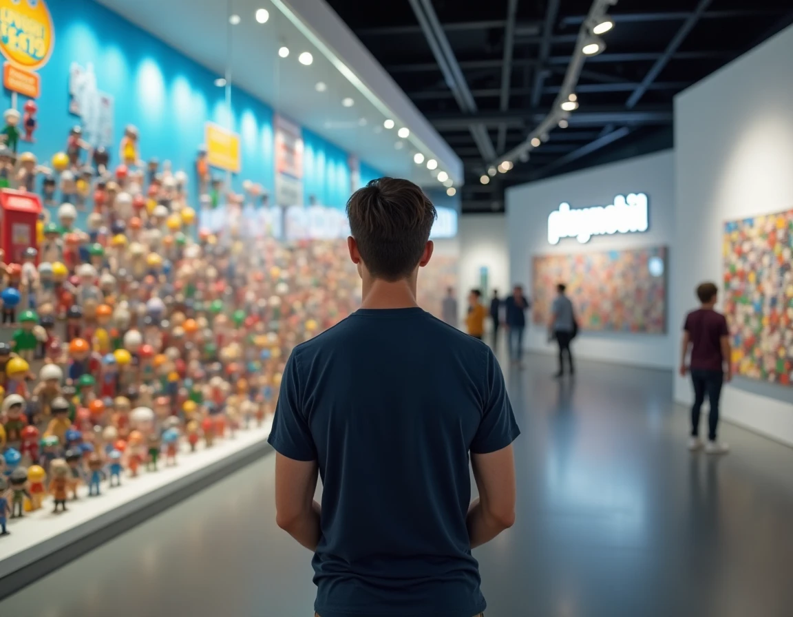 Fan de jouets adulte admirant une collection de figurines Playmobil exposées dans une salle d'exposition moderne