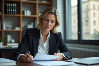 Femme d affaires lisant des documents juridiques dans un bureau moderne