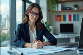 Femme d'affaires en réunion avec documents réglementaires