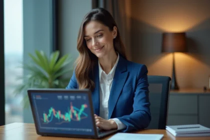 Femme d affaires en costume bleu dans un bureau moderne