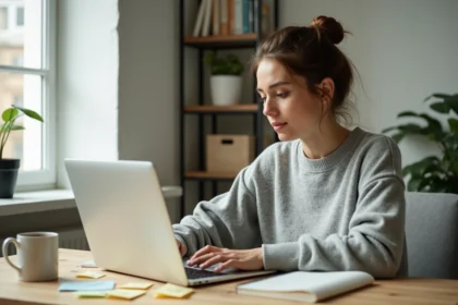 Femme freelance analysant des programmes d'affiliation sur son ordinateur portable dans un bureau à domicile