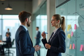 Professionnelle en blazer marine analysant un pipeline commercial structuré sur un tableau blanc avec des diagrammes d'entonnoir de vente dans un bureau moderne