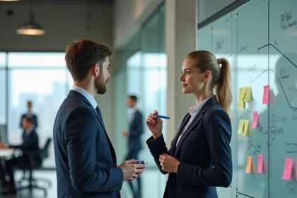 Professionnelle en blazer marine analysant un pipeline commercial structuré sur un tableau blanc avec des diagrammes d'entonnoir de vente dans un bureau moderne