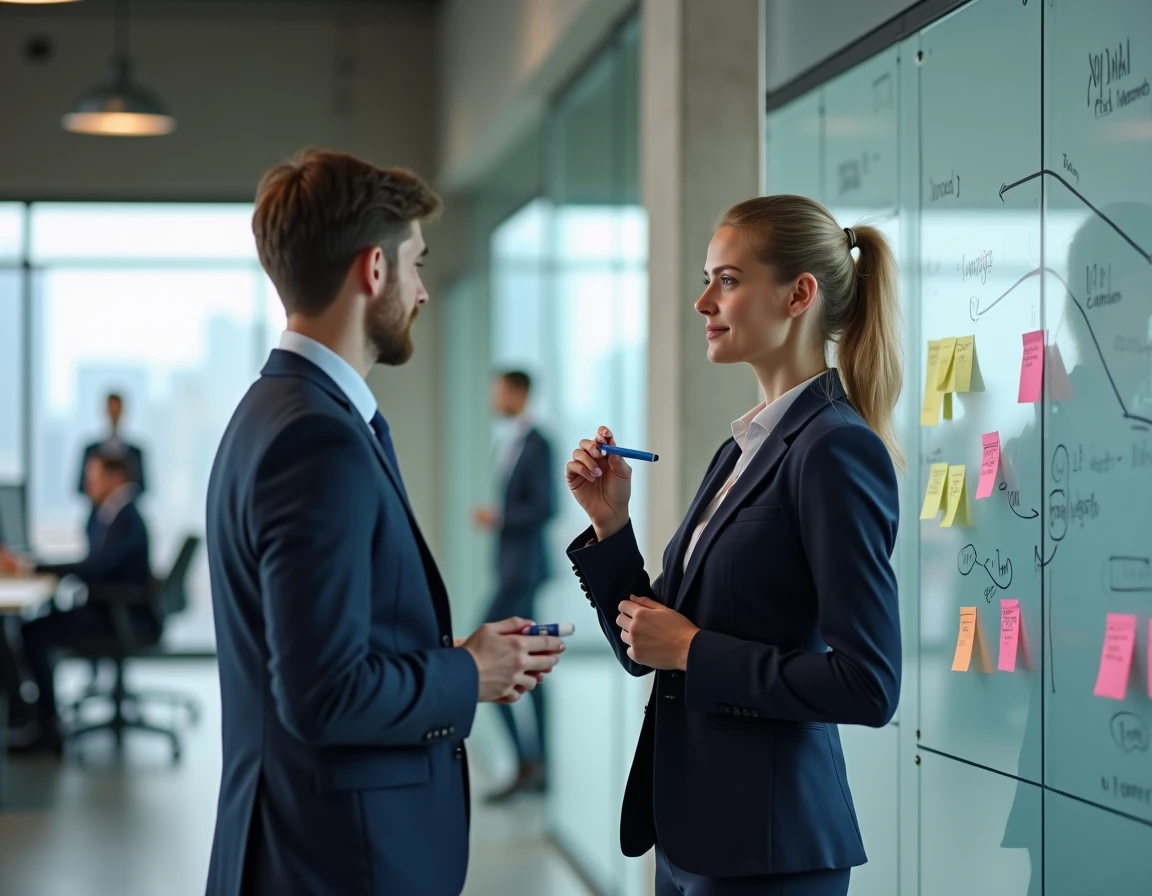 Professionnelle en blazer marine analysant un pipeline commercial structuré sur un tableau blanc avec des diagrammes d'entonnoir de vente dans un bureau moderne