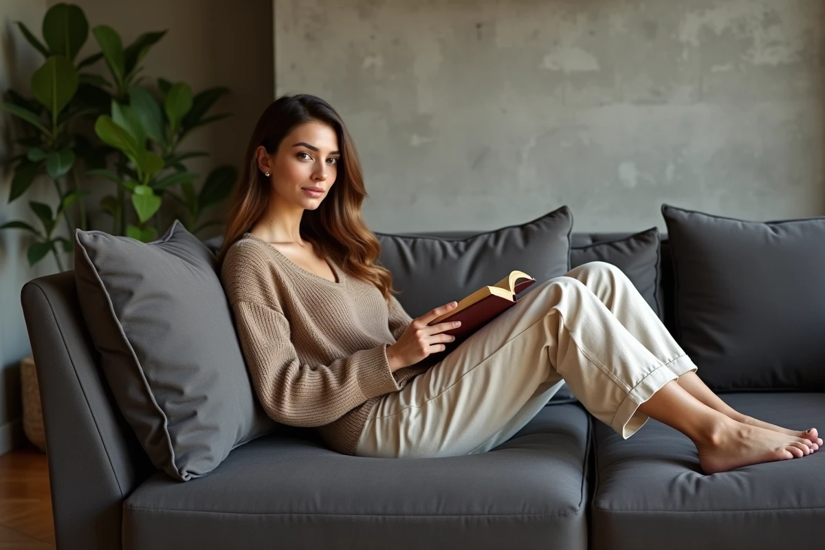 Femme assise confortablement sur un canapé à haute densité de mousse, illustrant le confort et la qualité des tissus de canapé SOFFRAN