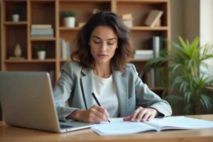 Jeune femme auto-entrepreneur consultant des documents administratifs sur l'ACRE à son bureau à domicile