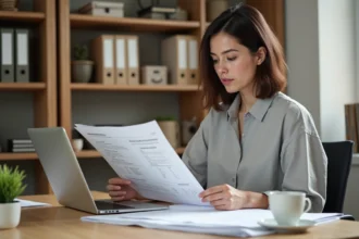 Femme auto-entrepreneur à son bureau à domicile révisant des documents administratifs pour sa micro-entreprise