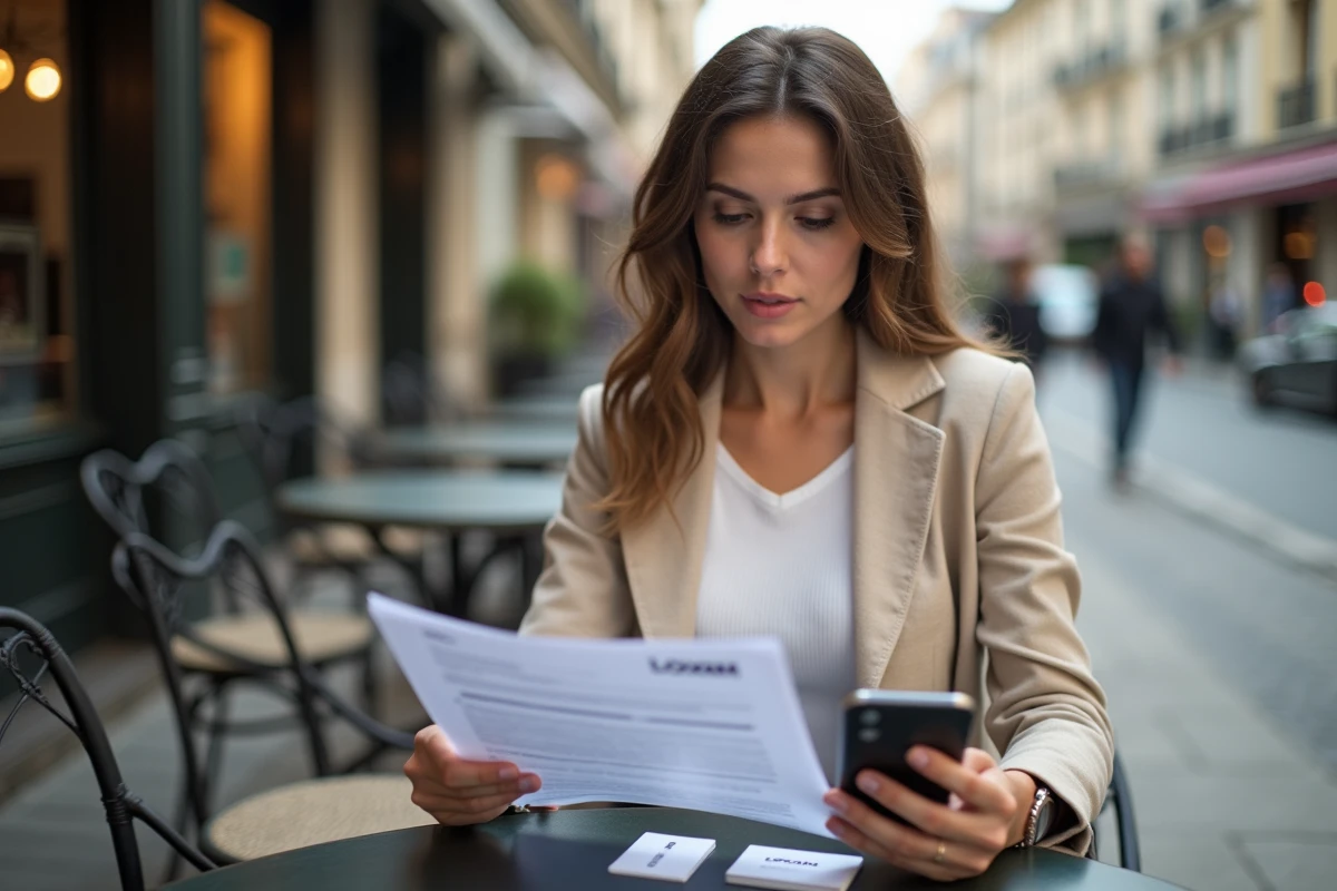 Femme auto-entrepreneur consultant un contrat de location Loxam et ses cartes de visite professionnelles en terrasse