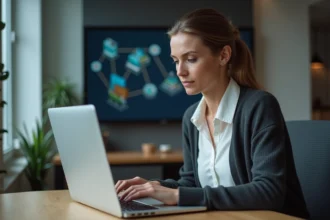 Femme concentrée utilisant un logiciel de comptabilite au bureau