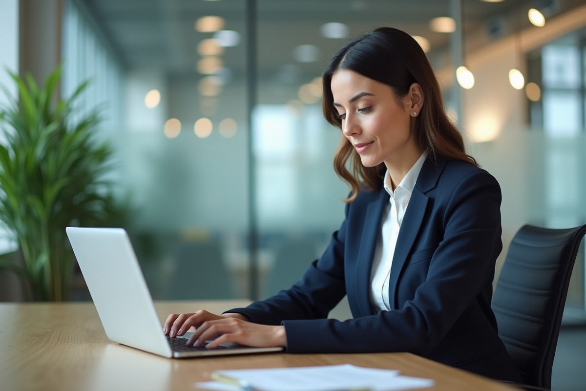 Jeune femme d'affaires au bureau vérifiant ses emails