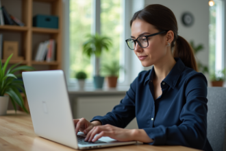 Jeune femme professionnelle travaillant sur son ordinateur dans un bureau lumineux