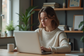 Femme au bureau lisant un email sur son ordinateur portable