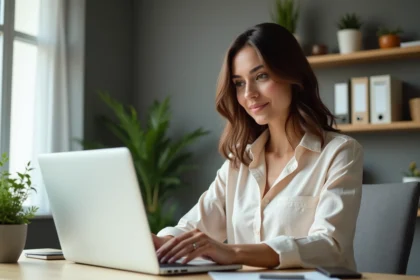 Femme au bureau utilisant un ordinateur dans un environnement moderne
