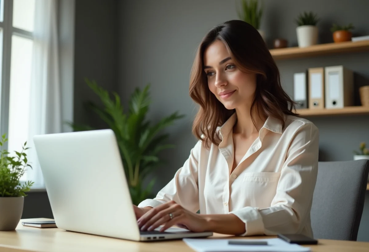Femme au bureau utilisant un ordinateur dans un environnement moderne