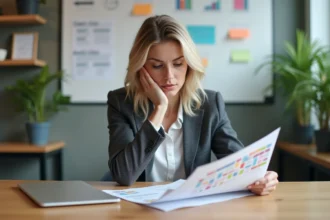 Femme en bureau moderne analysant un plan marketing coloré