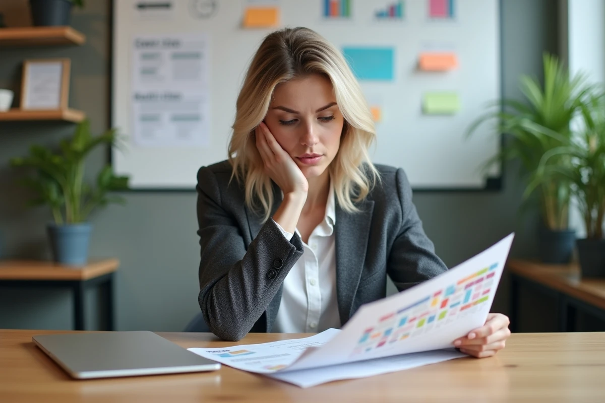 Femme en bureau moderne analysant un plan marketing coloré