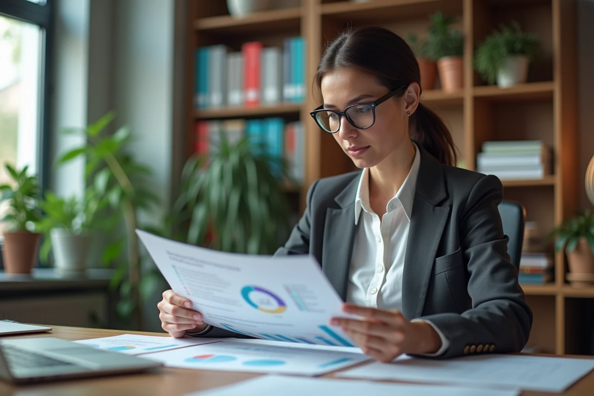 Femme en blazer regardant des rapports au bureau