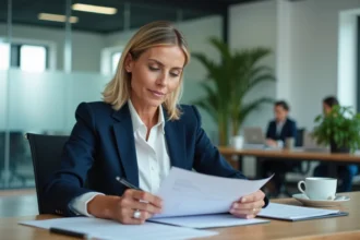 Femme cadre relisant attentivement une lettre de demande de rupture conventionnelle à son bureau en open space