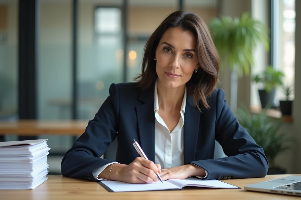 Femme cadre rédigeant un courrier de congé trimestriel dans un bureau professionnel moderne