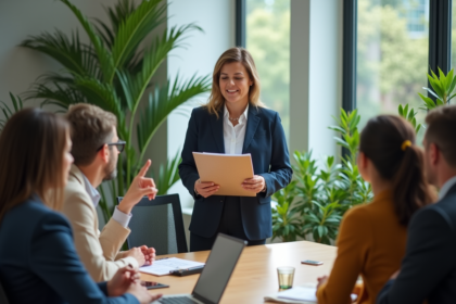 Femme confiante en costume navy lors d'une réunion d'équipe