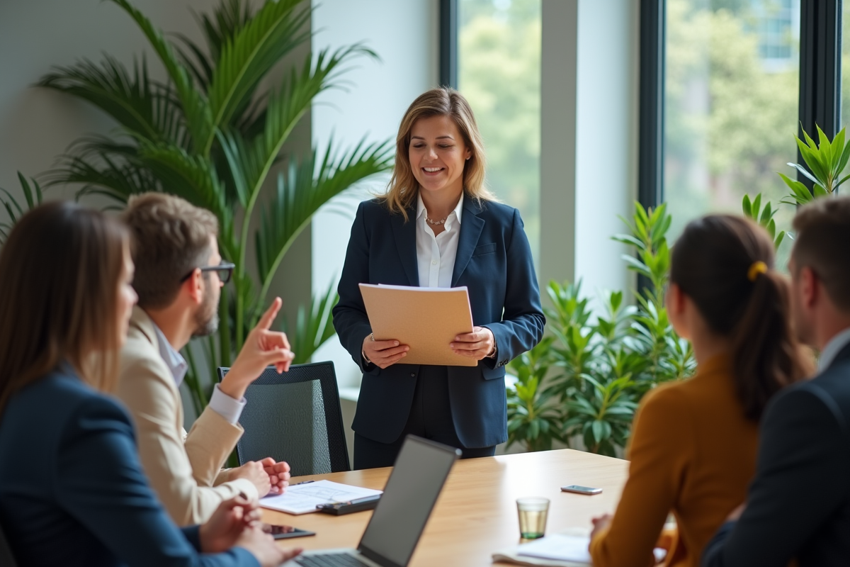 Femme confiante en costume navy lors d'une réunion d'équipe