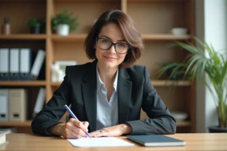 Femme d'affaires écrivant une lettre dans un bureau moderne