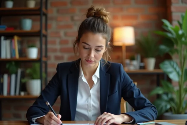 Femme entrepreneur en blazer marine étudiant des dossiers d'aides pour créateurs d'entreprise en 2026 à son bureau