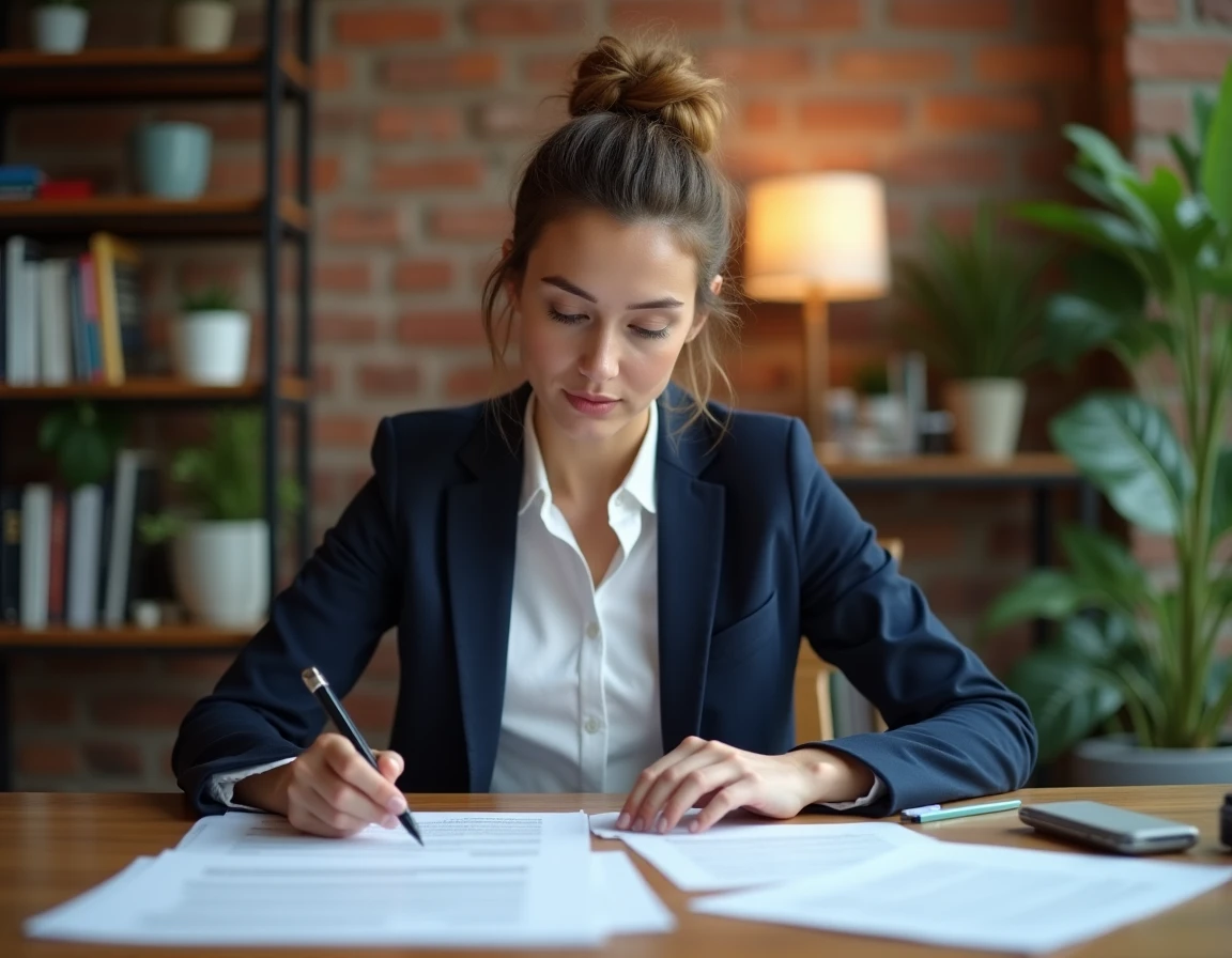 Femme entrepreneur en blazer marine étudiant des dossiers d'aides pour créateurs d'entreprise en 2026 à son bureau