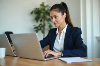 Femme entrepreneur comparant deux ordinateurs portables dans un bureau moderne, illustrant le choix entre un business magazine en ligne et un blog classique