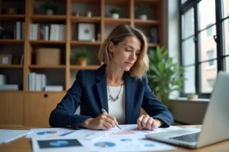 Femme entrepreneur analysant un guide stratégique pour relancer son business en stagnation depuis son bureau à domicile