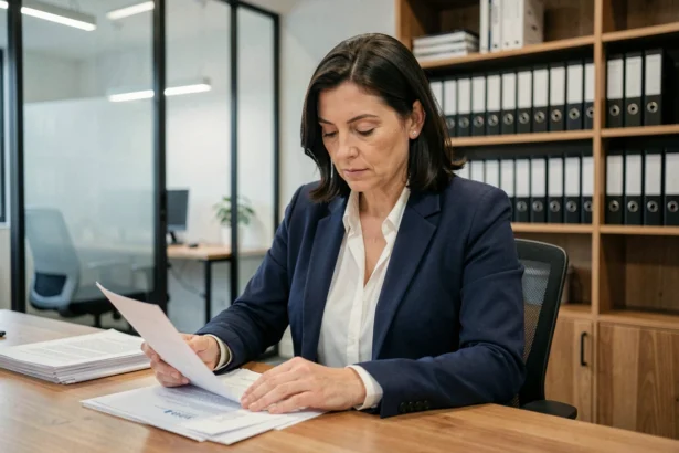Femme entrepreneur en PME consultant des documents de propriété intellectuelle dans un bureau moderne
