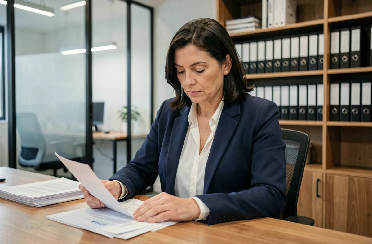 Femme entrepreneur en PME consultant des documents de propriété intellectuelle dans un bureau moderne