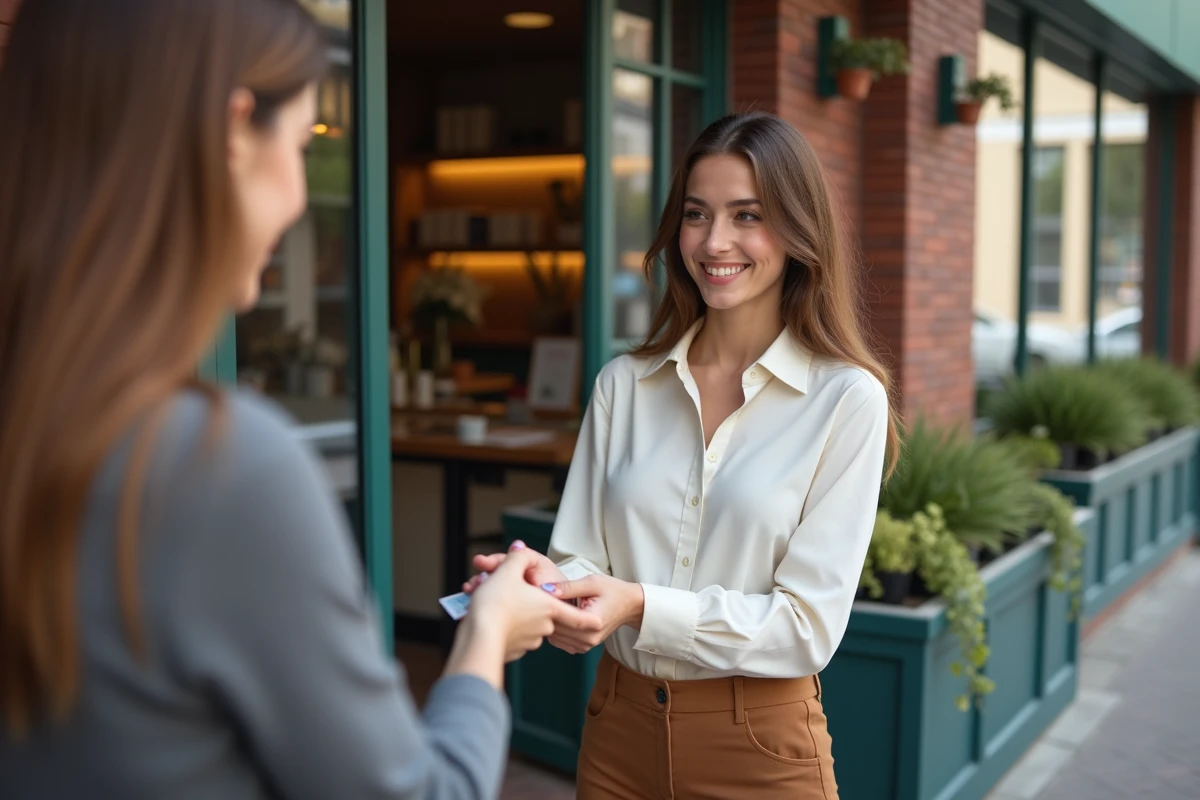 Jeune femme entrepreneure devant sa boutique accueillante