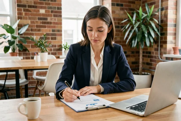 Femme entrepreneureure professionnelle analysant un plan d'affaires dans un espace de coworking moderne