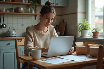 Femme scrutant une lettre de scam dans sa cuisine