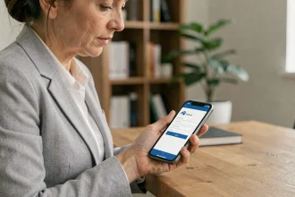 Femme utilisant l'extranet Azaé sur son smartphone dans un bureau à domicile moderne