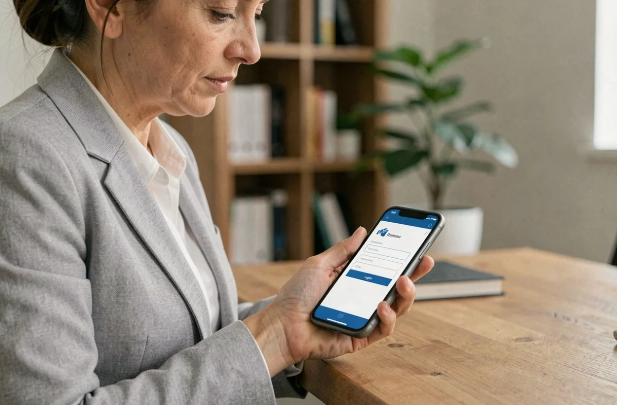 Femme utilisant l'extranet Azaé sur son smartphone dans un bureau à domicile moderne