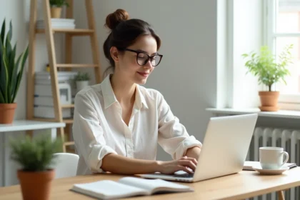 Femme freelance travaillant sur son ordinateur portable dans un bureau à domicile minimaliste en 2026