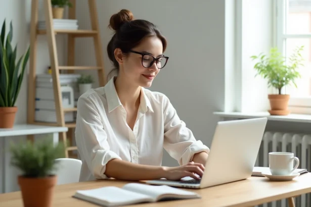 Femme freelance travaillant sur son ordinateur portable dans un bureau à domicile minimaliste en 2026