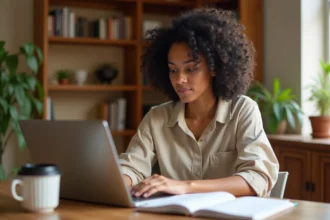 Femme freelance travaillant sur son ordinateur portable dans un bureau à domicile organisé, entourée de notes et d'une plante verte