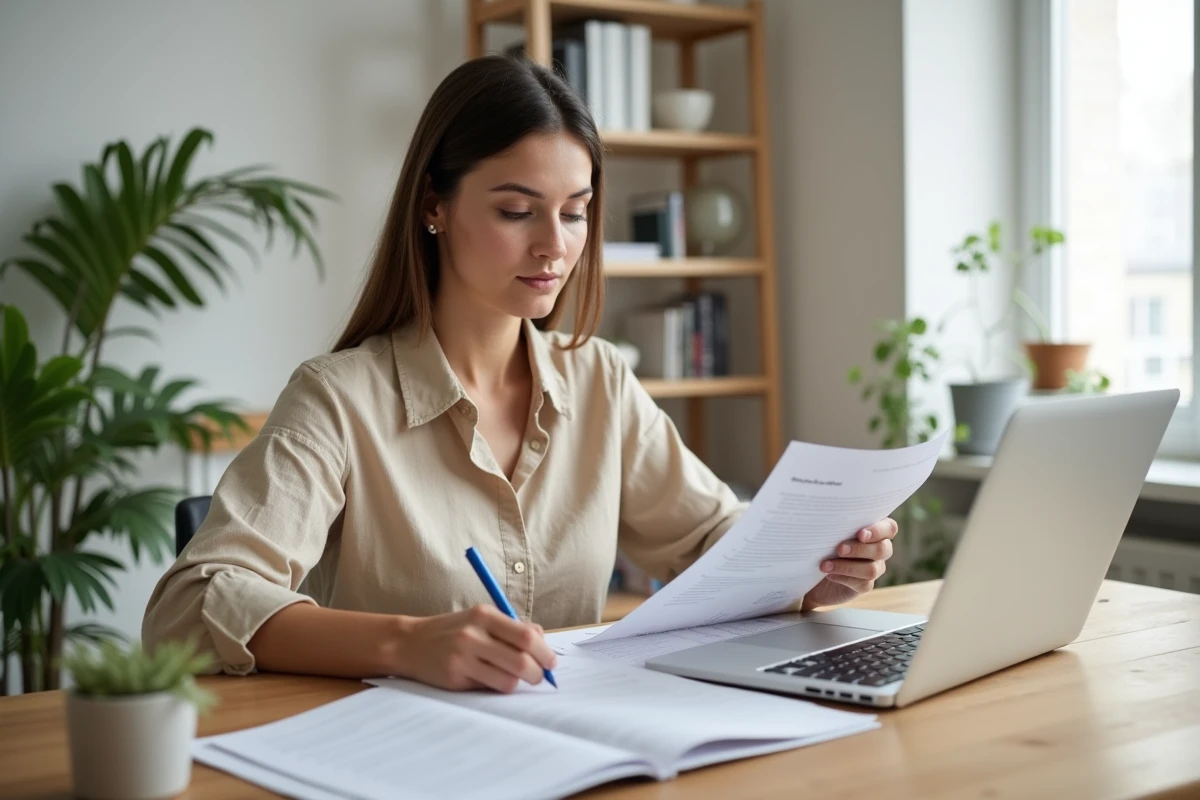 Femme freelance en train de cocher une checklist sur son bureau à domicile, entourée d'un ordinateur portable et de carnets de notes