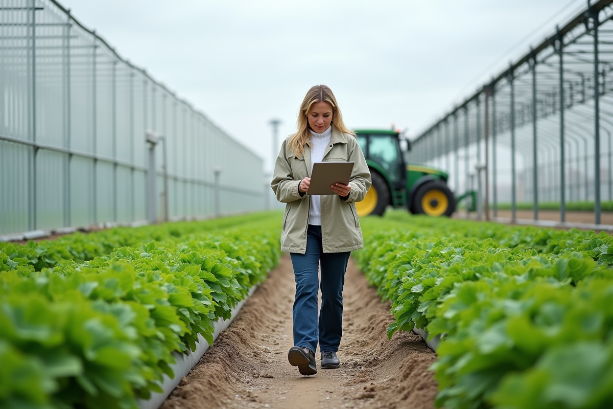 Femme gestionnaire dans une serre avec des cultures