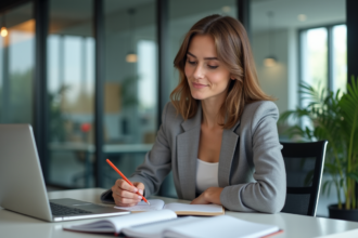 Femme en réunion d'idées campagne dans un bureau moderne