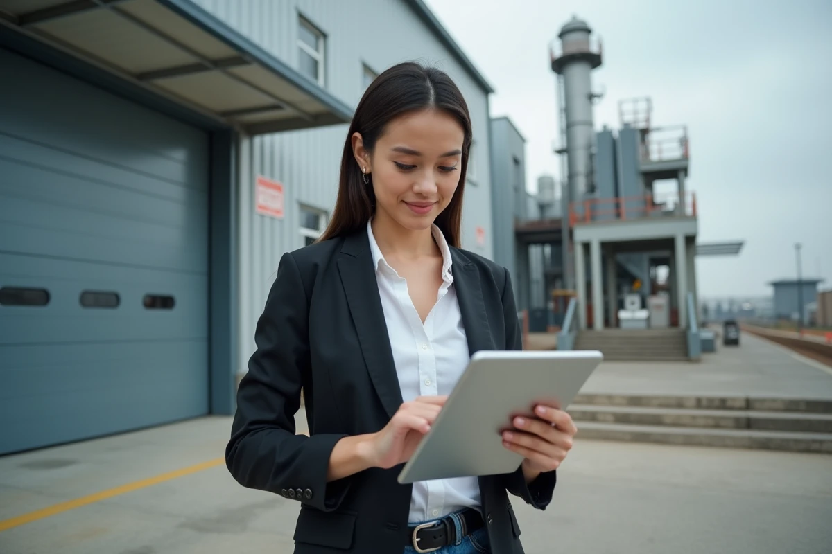 Jeune femme vérifiant des formulaires devant une usine