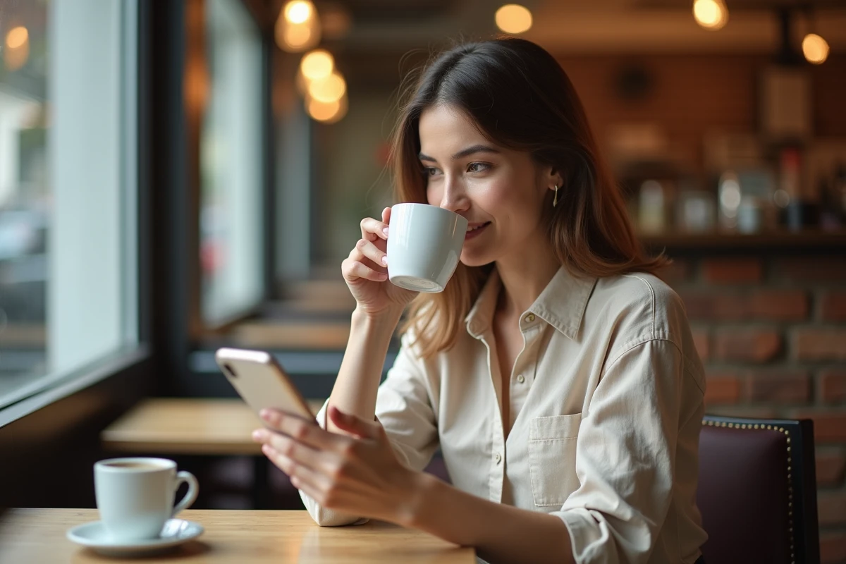 Femme consultant l'application Advango sur iPhone dans un café, accès compte mobile iOS