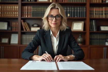 Femme d'âge moyen en blazer examine des documents juridiques