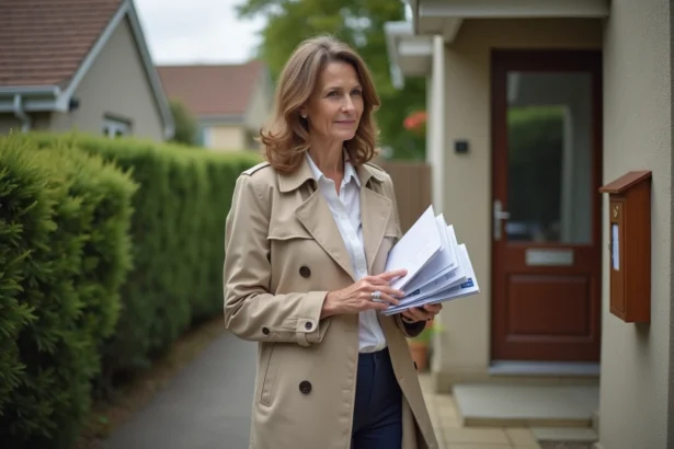 Femme d'âge moyen avec manteau beige tenant du courrier devant une maison