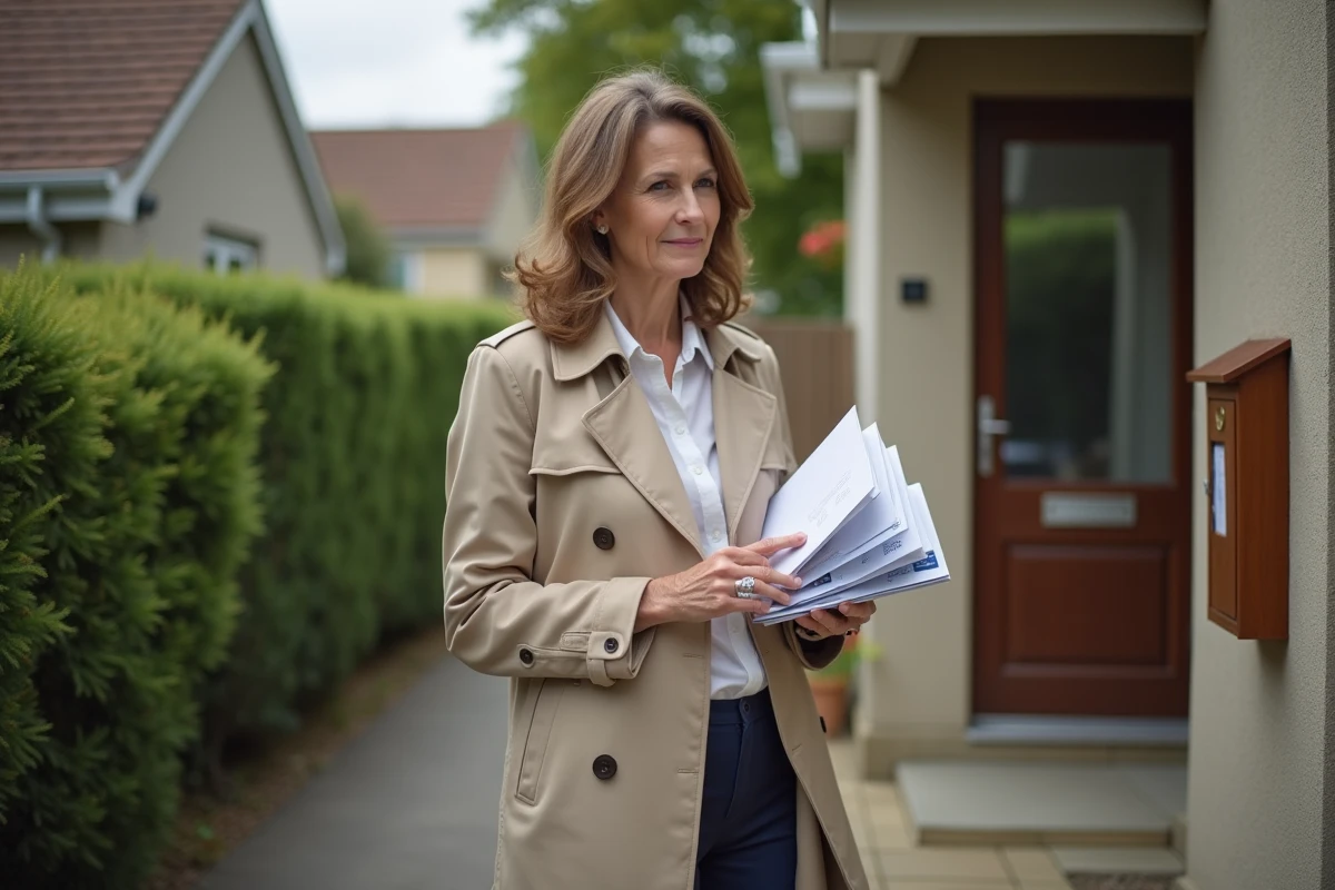Femme d'âge moyen avec manteau beige tenant du courrier devant une maison